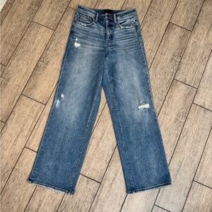Buckle Distressed Blue Flare Jeans